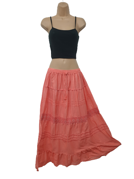 Cotton Boho Maxi Skirt Lace Summer Lined Light Peach One Size 10 12 14 16  18