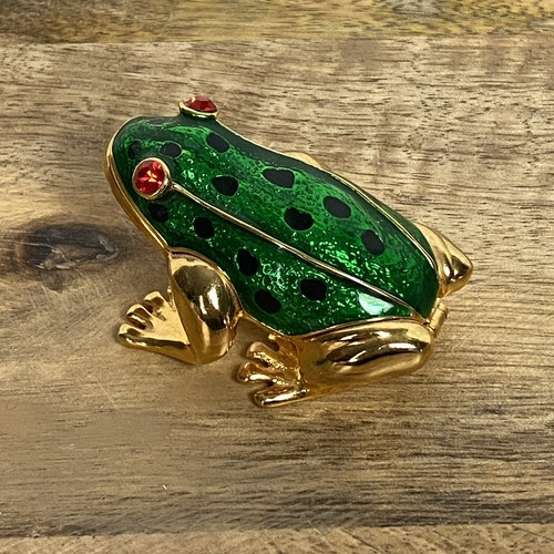 Enameled Frog Trinket Box Gold Plated Jeweled Eyes Vtg - Picture 3 of 9