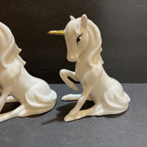 Vintage Enesco Sitting Unicorn Figurine White Porcelain Gold Horn Set Of 2 - Picture 3 of 10