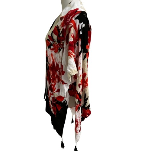 Vince Camuto Floral Kimono Topper Cover Up Duster Red Black White Bohemian OS - Picture 2 of 6