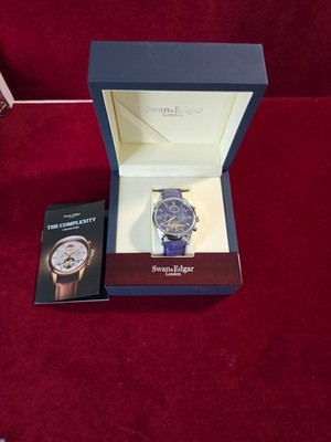 Swan & Edgar London Automatic 44mm Moon Phase Day/Date Sliver Case Blue