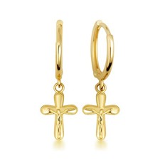 Yellow Gold Cross Crucifix Jesus Christ Milgrain Drop Huggie Hoop Earrings