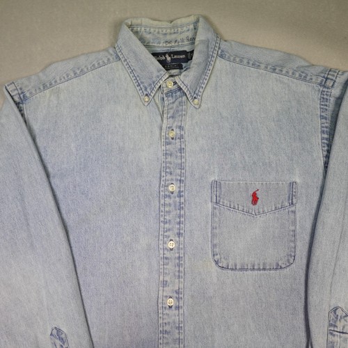 Polo Ralph Lauren De Colección Para Hombres Grande Camisa Grande Azul Denim Cambray Con Botones - Imagen 3 de 15