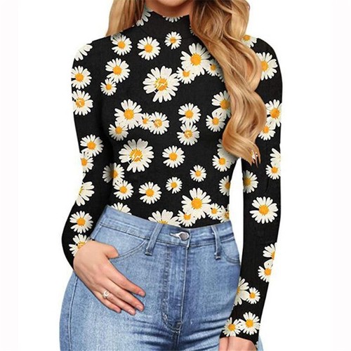 Ladies Neck Sexy Printing High Waist Sleeve Jumpsuits Leotard Top High Roll - Picture 26 of 26
