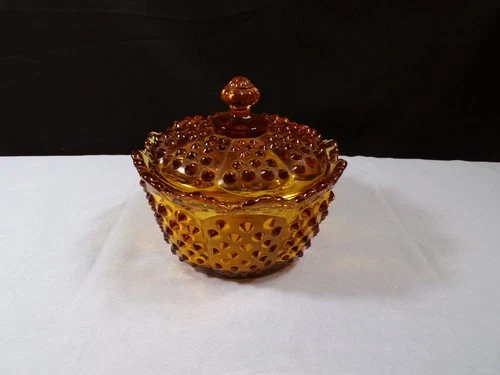 Fenton #3802 Amber Glass Hobnail Covered Candy Jar Dish Butter Bowl