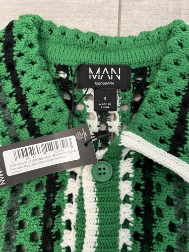 CAMISA DE PUNTO A RAYAS VERDE BOOHOO DE GRAN TAMAÑO BOXY PUNTO ABIERTO PEQUEÑA NUEVA CON ETIQUETAS PARA HOMBRE - Imagen 2 de 6