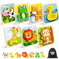 Toddler Puzzles Ages 2-4, Wooden Puzzles for Toddlers 1-3, 7 Pcs Farm Animals