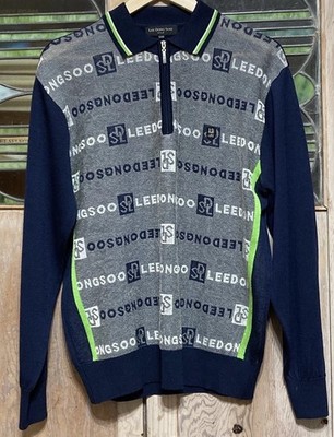 90s Y2K Vtg LEE DONG SOO Golf Wool Knit Sweater 1/4 Zip Collar All-over Logo EUC