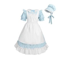 Prairie Dress Pioneer Costume for Girls With Bonnet - Colonial Set Medium Blue