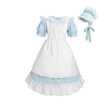  Prairie Dress Pioneer Costume for Girls With Bonnet - Colonial Set Medium Blue