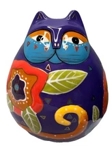 Vintage Ganz Laurel Burch Ceramic Cat Piggy Coin Bank Floral 6" Signed