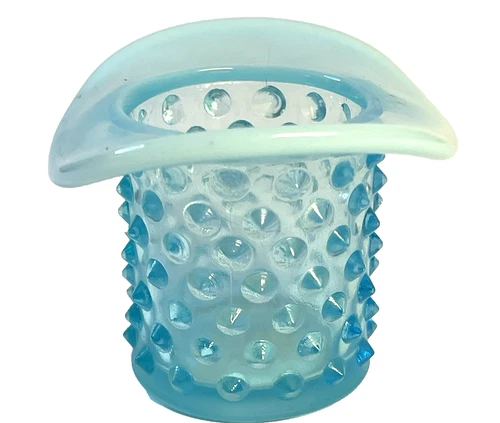 VTG Blue Fenton Glass Opalescent  Glossy Hobnail Top Hat Toothpick Holder