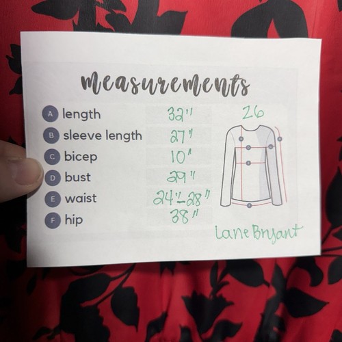 Lane Bryant Bluse Damen Größe 26 rot & schwarz Blumenmuster Schößchen Langarm neu mit Etikett " - Bild 6 von 10
