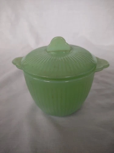 Vintage Jadeite Fire King Jane Ray Pattern Sugar Bowl w/ Lid