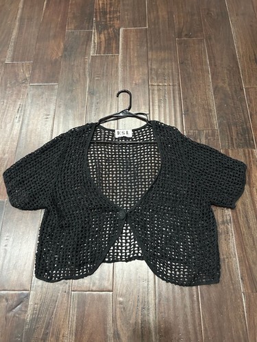 KSL Open Weave Crochet Cardigan Shrug Bolero Solid Black Cropped Cover Up - Picture 7 of 9
