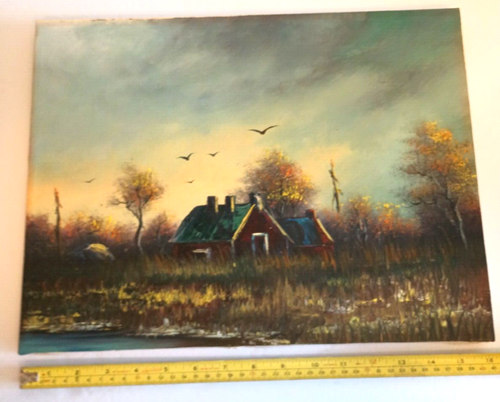 Pintura de paisaje vintage cielo nocturno 16"x 12" lienzo - Imagen 4 de 9