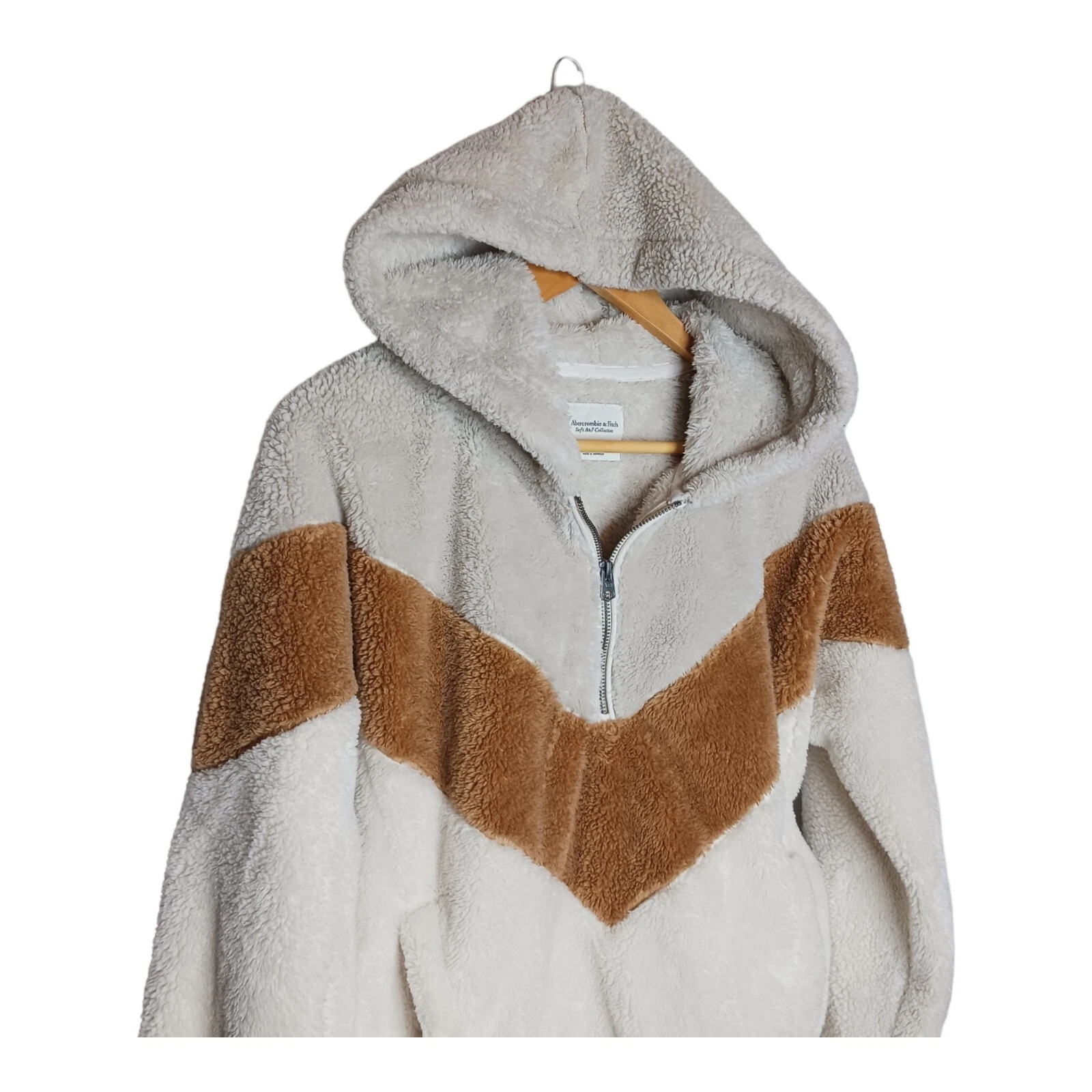 OFF WHITE Abercrombie & Fitch maglione sherpa a righe panna e marrone quarto di zip taglia small