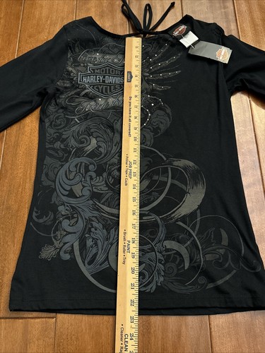 Harley Davidson Womens Shirt Medium Black Long Sleeve Rhinestones Motorcycles - Picture 4 of 17