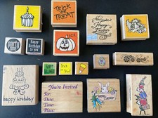 Wooden Block Rubber Ink Stamps Lot 16 Christmas Birthday Easter Halloween