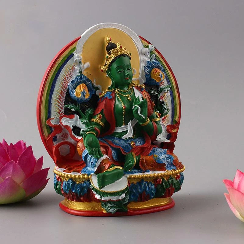 Estátua de budismo tibetano de Feng Shui verde tara Buda semicírculo pintada à mão - Imagem 3 de 4