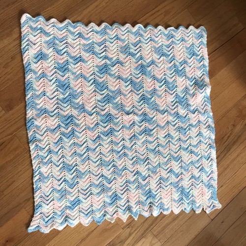 2 Handmade Crochet Baby Blanket 1 pink blue & white 32”x34” & 1 blue white 37x34 - Picture 2 of 11