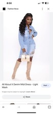 Fashion Nova denim Dress Size L, Light Wash, NWT, Stretch, Distressed