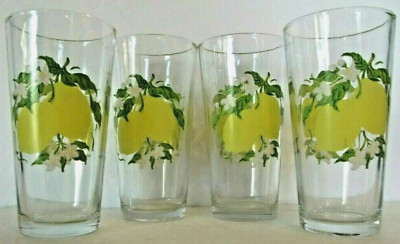 Lemon Fruit Drink Tumblers Glasses Set of 4 Clear 12 Ounces Beverage Vtg
