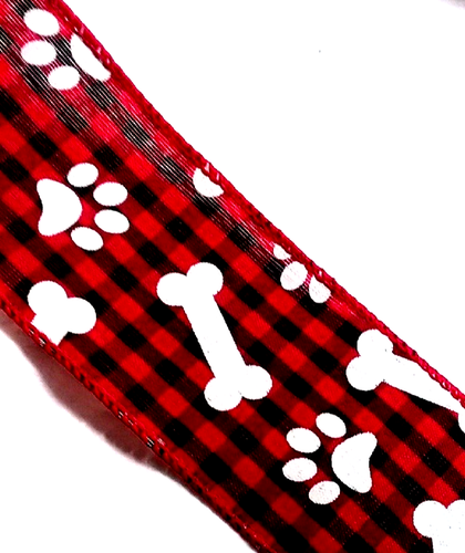 Dog Bones & Paws 2.5" by 2 yd Red Black Buffalo Plaid Wired Ribbon Valentine's - Picture 4 of 6