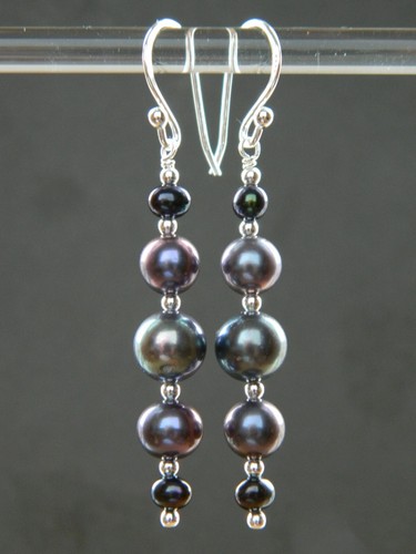 Peacock Black Freshwater Pearls Graduating & Sterling Silver Long Drop Earrings - Picture 3 of 15