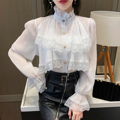 Lady Ruffle Blouse Top Shirt Mesh Lace Sheer Flared Sleeve Vintage Lolita Casual - Bild 3 von 12