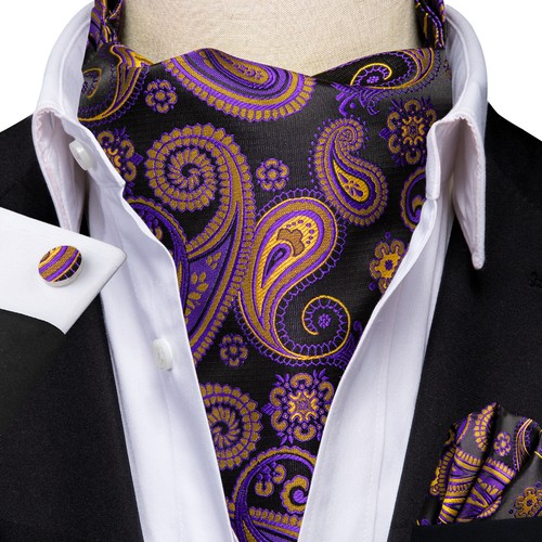 Men's Ascot Cravat Tie Silk Paisley Floral Check Hanky Cufflinks Set Wedding - Picture 87 of 317