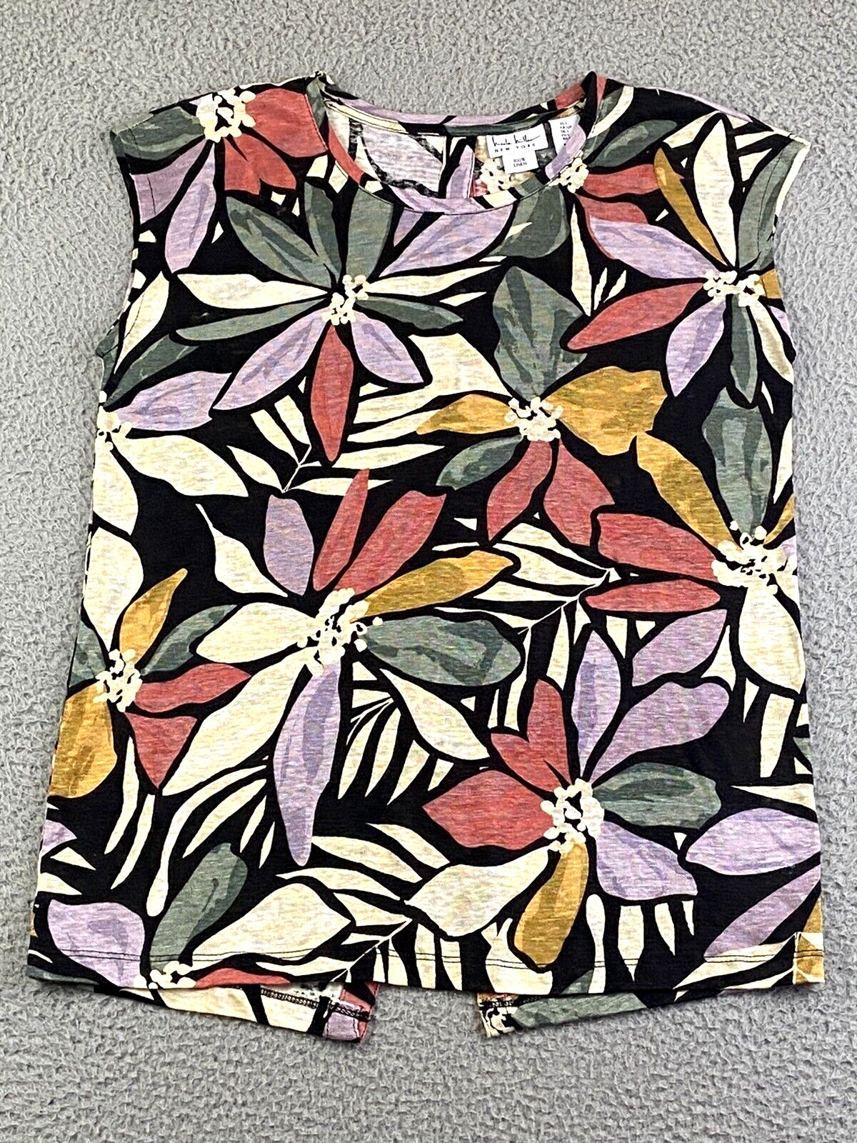 Nicole Miller New York 100% Linen Top S Floral Blouse Abalone Shell Buttons NWT