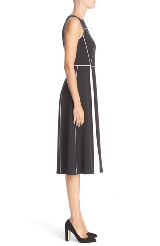 CAROLINE ISSA x Nordstrom Signature Black White Piped Pleated Silk Midi Dress 10 - Picture 7 of 11