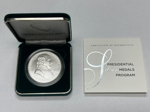 U.S MINT PRESIDENTIAL SILVER MEDALS PROGRAM 1 OUNCE JOHN ADAMS BOX & COA