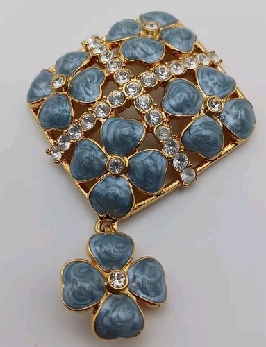 Vintage Nolan Miller Gold Tone Blue Enamel Rhinestone Clover Flower Pendant - Picture 3 of 6