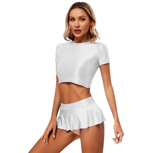 UK Womens Outfits Satin Crop Top And Skirt Oil Shiny Swimsuit Stretchy Lingerie - Picture 19 of 122