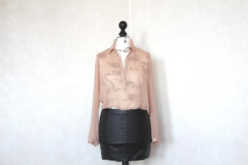 Vintage nude sheer blouse, Transparent beige shirt, See through 90s crop top S - Picture 8 of 14