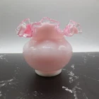 Fenton Milk White And Pink Vase Pink Interior Crest Ruffle Edge 4" Tall