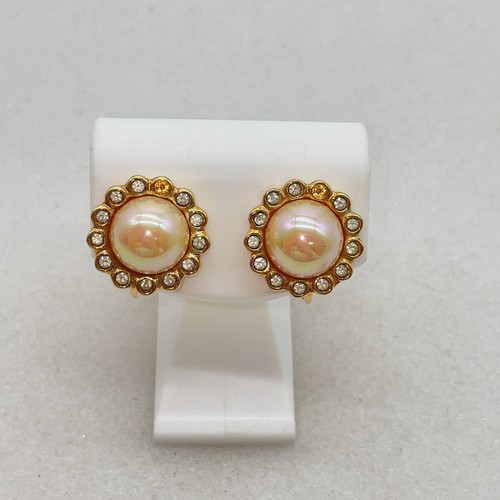 Auth Dior Rhinestone pearl GD Earrings with Stone set of 2 W/Box NS031705 - Picture 4 of 15