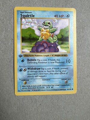 1999 Pokemon, Base Set Shadowless, #63/102 Squirtle, 1st 1999 Pokemon, Base Set Shadowless, #63/102 Squirtle, 1st