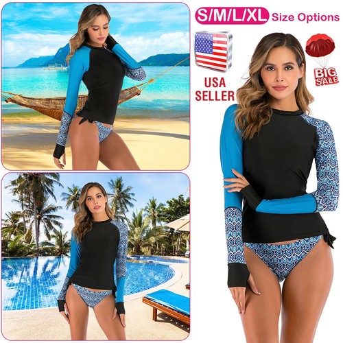 2Pcs Women Swimwear Long Sleeve Swimsuit Swim Shirt Bathing Wetsuit Surfing Swim - Picture 3 of 14