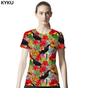 Women-Cute-S-4XL-Plus-Size-Hibiscus-Flower-Bird-Print-Short-Sleeve-Tshirt-Tops