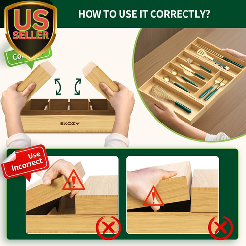 100% Bamboo Kitchen Drawer Organizer, 180° Flip Lid Feature Silverware Organi... - Picture 6 of 12