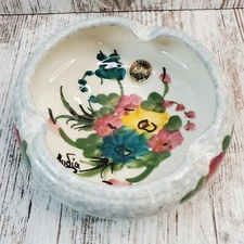 Artist XEIPONOIHTO Greek Clay Handmade Hand-Painted Floral Pottery Ashtray Bowl