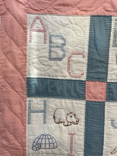 Handmade Crib Toddler quilt ABC cross stitch embroidered animals 46X35 inch - Picture 2 of 7