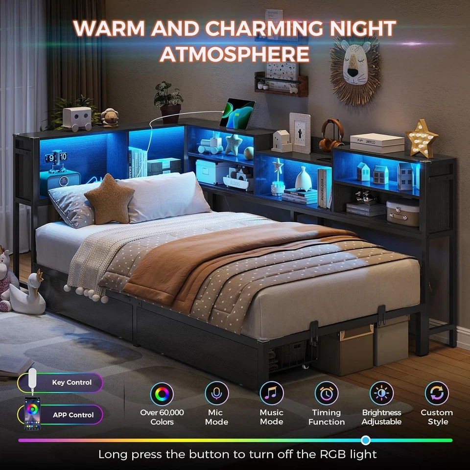 Cama de día con marco de cama esquinera tamaño XL doble con estación de carga, luces LED, 2 cajones Foto 4 de 4