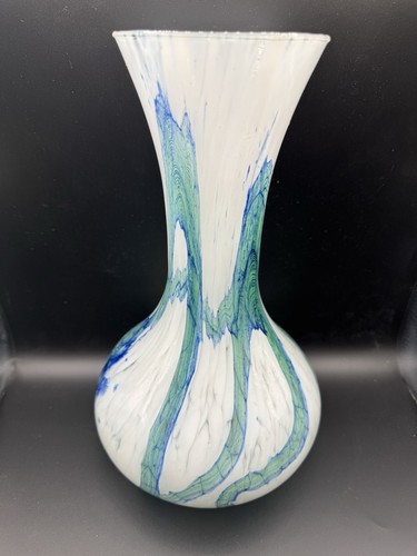 Opaline Empoli Florence Marbled Swirl Glass Vase Blue Green White Vintage - Picture 5 of 13