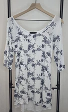 NAIF White Navy Blue Floral Boho Dress with Double Cold Shoulder Cutouts-Size S