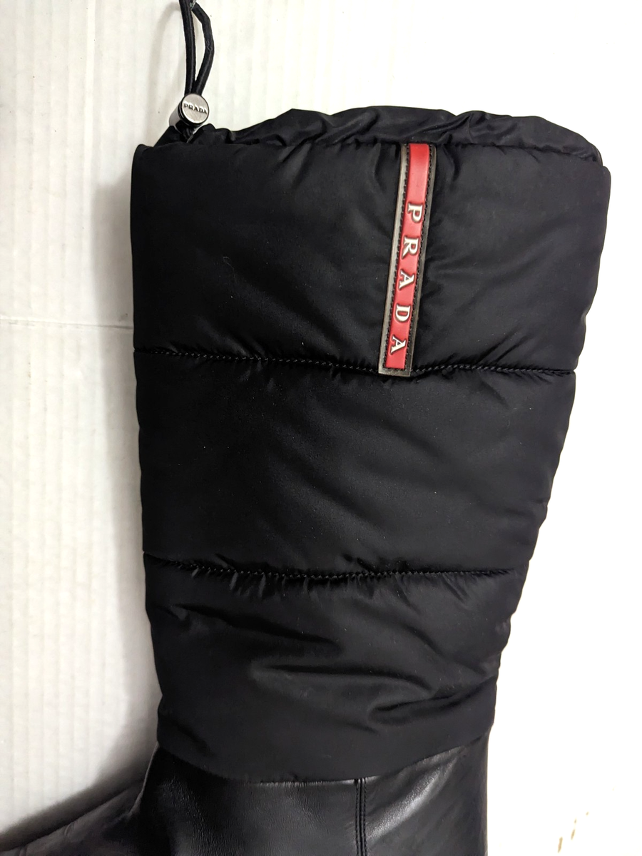 専用 Prada Sport Nylon & Leather Boots 38 Prada Sport Women's Leather Nylon Snow Boots Black Red Logo Tie