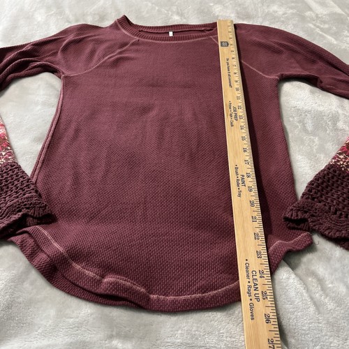 Free People Kombucha Cuff Thermal Top Shirt Size Large Statement Sleeve Burgundy - Picture 6 of 11